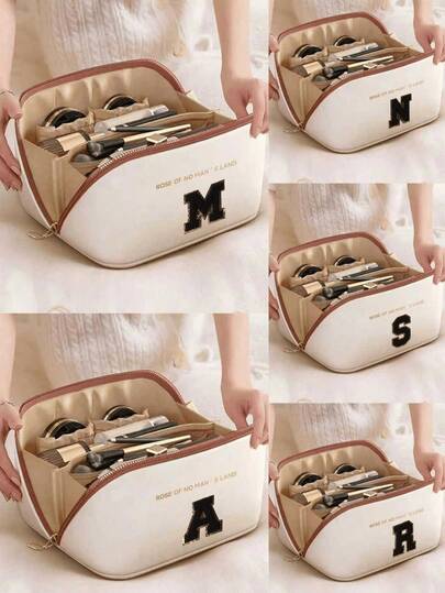 Premium Pu Travel Cosmetic Bag, With Embroidered Letters On Towels A-Z Cosmetic Storage Bag, Large Capacity Multi-Layer Cosmetic Bag, Zipper Pouch, Multifunctional Waterproof Portable Travel Organizer, Makeup Brush Set, Cosmetics Organization And Storage, Travel Accessories, Cruise Essentials