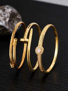 3pcs - Gold-Plated Brass Bracelet With A Creative Heart-Shaped Clasp Design, Paired With A Smooth Stainless Steel Bangle. It Exudes A Gentle And Elegant Charm, A Subtle Touch For Everyday Wear. - Gold - View 1