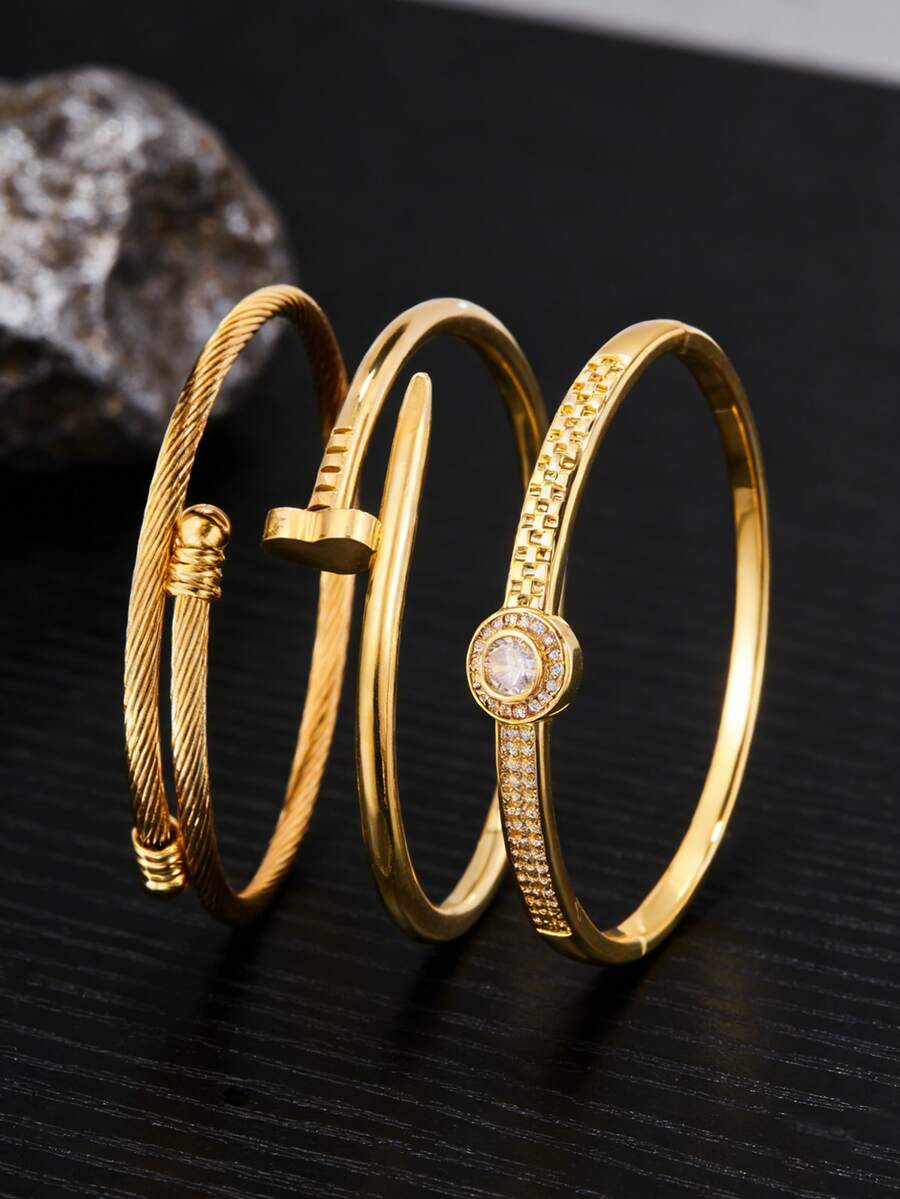 3pcs - Gold-Plated Brass Bracelet With A Creative Heart-Shaped Clasp Design, Paired With A Smooth Stainless Steel Bangle. It Exudes A Gentle And Elegant Charm, A Subtle Touch For Everyday Wear. - Gold - View 1