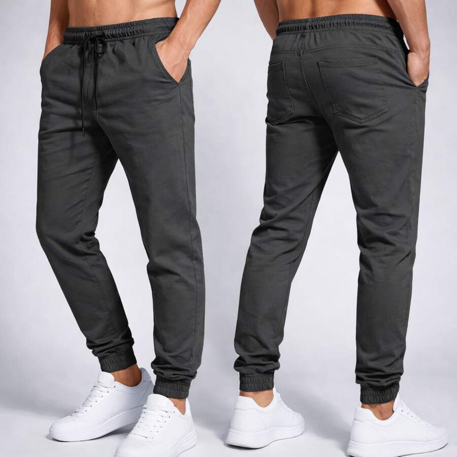 Skinny Slim Fit Jogger Pants In Twill With Drawstring - Comfortable Street Style - 深灰色 - 查看 1
