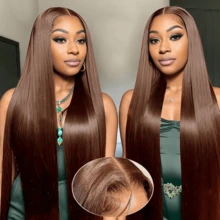 200% Density Straight 13*4 Full Lace Front Wig, Black Brazilian Virgin Hair Hairline, HD Transparent Pre-Trimmed Natural Hairline 5*5 No Glue Pre-Plucked Wig, #4 Brown Mixed Hair Natural Look Elegant Daily Wear Versatile Hair Accessory - Brown - View 7