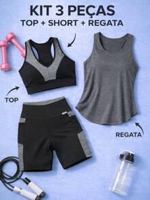 Kit Of 3: Women's Fitness Set - Top, Shorts, Pocket Tank Top, Dry Fit, Gym - Tarelles - 灰色 - 查看 3