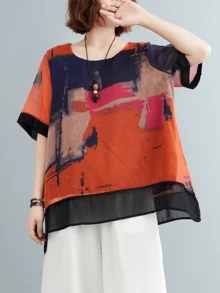 Abstract Print Round Neck Women's Short Sleeve Top - Asymmetric Hem Casual Style - Suitable For Spring/Summer - Fashionable Women's Clothing - Suitable For Daily Outings And Parties - Red - View 7