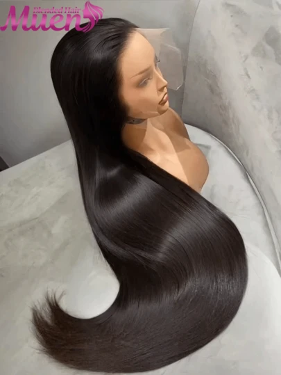 直发 13x4 13*6 蕾丝前额假发 - 5x5 预剪蕾丝无胶假发，真人混纺发丝，34 英寸，200% 密度，13x4 透明蕾丝前额假发，女士款，预先拔毛，自然发际线