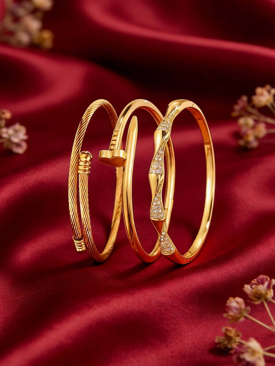 Bộ 3 món - Vòng tay bằng đồng mạ vàng sang trọng + vòng tay bằng thép không gỉ, với thiết kế họa tiết lấp lánh, phù hợp để đeo hàng ngày, tôn lên mọi tông da và là món quà Valentine tuyệt vời. - Vàng 8 - Xem 1