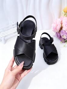 EUR 26-38 Sizes Toddler Kids Girls Black PU Leather Chunky Platform Sandals, Cross Strap Design With Adjustable Ankle Buckle, Soft Padded Insole & Non-Slip Rubber Sole, Fashionable Casual Shoes For Daily Wear, School, Playdates & Outdoor Activities - Black - View 6