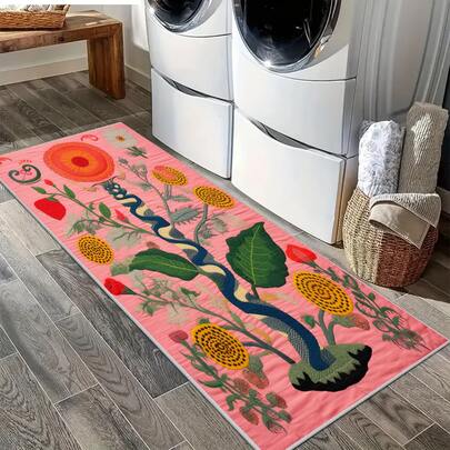 1 pieza Alfombra larga de estilo artístico rosa, alfombra de interior y exterior, suave y cómoda con patrón floral moderno decorativo para el hogar, fácil de almacenar y limpiar, lavable a máquina, adecuada para pasillo, dormitorio, sala de estar, cocina