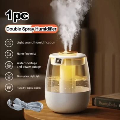 1pc  Double-Spray Cool Mist Air Humidifier, Modern Minimalist White & Gold Double-Spray Desktop Humidifier With Warm Night Light, Digital Humidity Display, Auto Shut-Off & Key Control, Portable For Bedroom, Office & Dorm, Ideal For Dry Season, Nighttime Use & All-Season Indoor Air Moisturizing