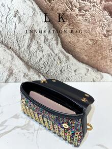 1pc Luxurious And Sparkling Colored Diamond Women's Evening Handbag, Featuring Classic Flip Style Small Square Bags, Colored Rhinestone Dinner Bags, Wallets, Crossbody Bags With Gold Woven Textured Metal Chains, And Dazzling And Gorgeous Heavy Craftsmanship Handbags. It Is The Best Match For Delicate Occasions Such As Parties, Weddings, Dances, And Dinners - Flip-top With Diamond Accents - View 7