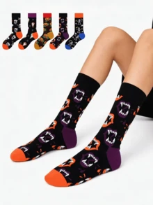 1/2/3双装男女通用趣味万圣节主题袜子，南瓜、幽灵、骷髅图案，保暖透气中筒袜，秋冬款 - 彩色 - 查看 1