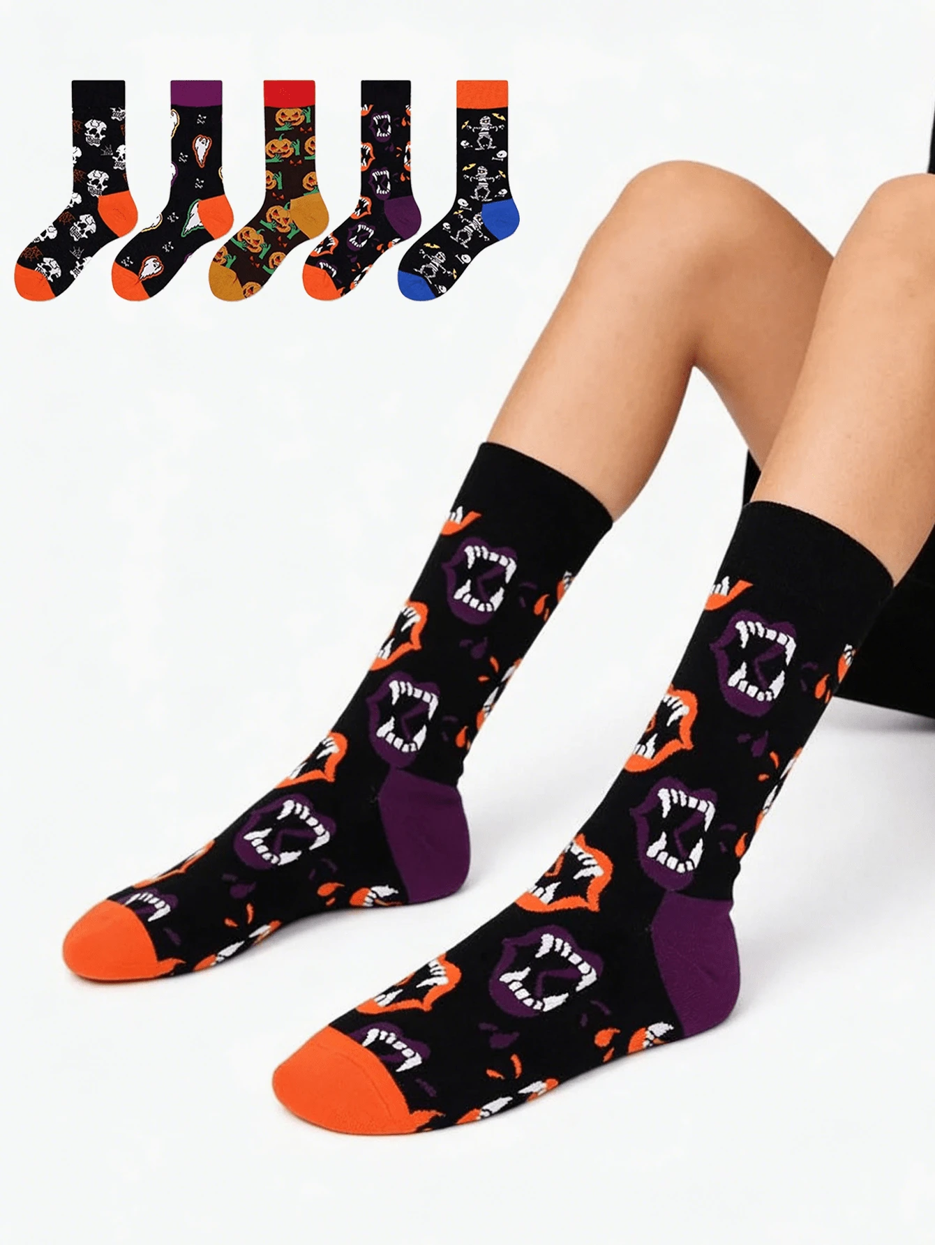 1/2/3双装男女通用趣味万圣节主题袜子，南瓜、幽灵、骷髅图案，保暖透气中筒袜，秋冬款 - 彩色 - 查看 1