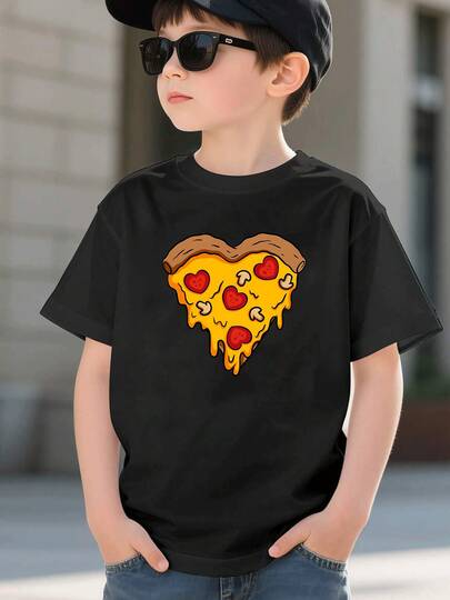 Pizza Corazón Divertida  Camiseta Estampada Niño, Estilo Casual Urbano, Algodón Suave Transpirable, Ideal Para Uso Diario y Fiestas, Regalo Original para Expresar Individualidad