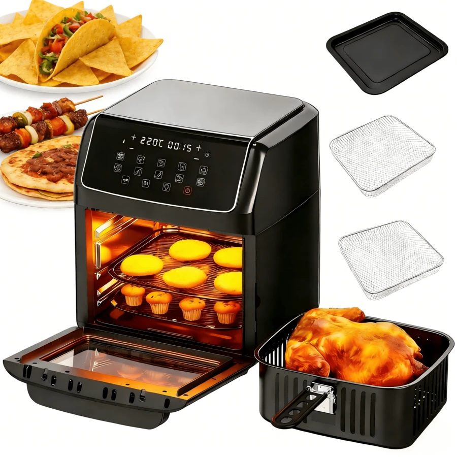10-in-1 Air Fryer Oven, 12.6Qt Convection Oven with Visible Window, Rotisserie & Grill, Family-Size Airfryer withAir Fryer Fully Au atic ligent Visual 12L Large ty 2000W High Power Multiple Function Electric Oven Dehydrator POPQ Visible Window for Healthy Cooking,