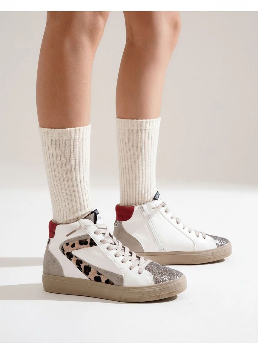 Baskets montantes pour femme avec détails à paillettes et imprimé léopard, design scintillant et fermeture éclair – style urbain chic et glamour - Kaki - Voir 1