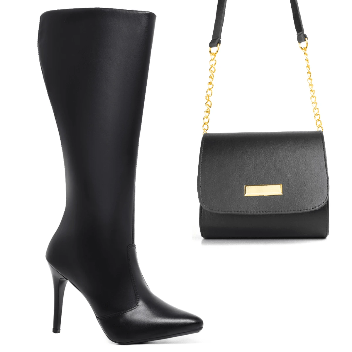 Women's High Heel Stiletto Boot Set With Pointed Toe And Comfortable Long Shaft + Chic Chain Bag - màu đen - Xem 1