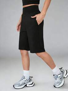 Quần short yoga nữ cạp cao bằng vải nylon có túi, chất liệu thoáng khí, thích hợp cho phòng tập, hoạt động ngoài trời, chạy bộ, mặc thường ngày trong mùa xuân và hè. - màu đen - Xem 1