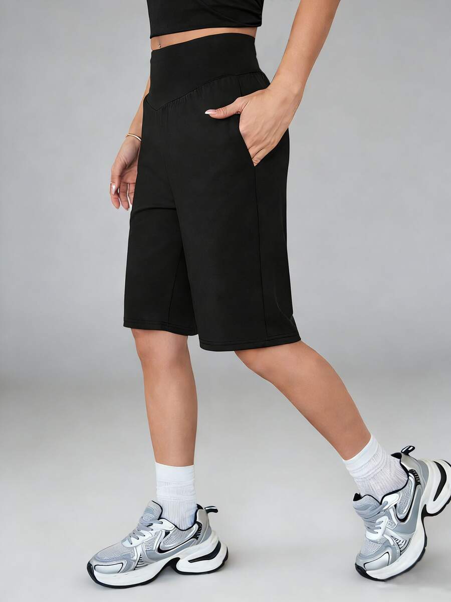 Quần short yoga nữ cạp cao bằng vải nylon có túi, chất liệu thoáng khí, thích hợp cho phòng tập, hoạt động ngoài trời, chạy bộ, mặc thường ngày trong mùa xuân và hè. - màu đen - Xem 1