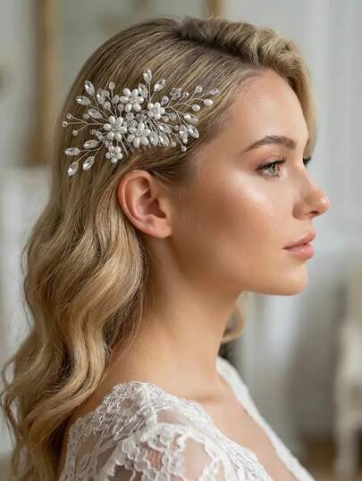 1pc Elegant Pearl & Rhinestone Bridal Hair Comb, Suitable For Updo Hairstyle, Party, Photography, Celebration, Daily Wear For Women