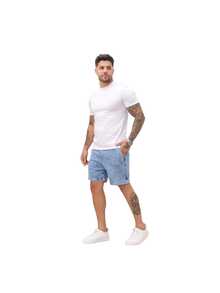 Men's Light Denim Jogger Shorts With Distressed Details - Màu xanh lam - Xem 2