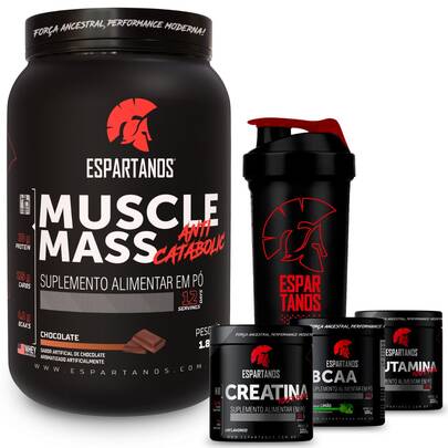 BODYBUILDERS Kit Suplemento Hipercalórico Muscle Mass 1800g + BCAA em pó Sabor Limão 100g + Creatina 100% Pura 100g + Glutamina 100g + Coqueteleira 600ml - Espartanos