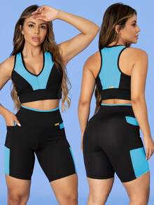 Kit Of 3: Women's Fitness Set - Top, Shorts, Pocket Tank Top, Dry Fit, Gym - Tarelles - Màu xanh nhạt - Xem 4