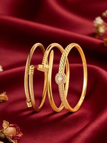 3pcs - Gold-Plated Brass Bracelet With A Creative Heart-Shaped Clasp Design, Paired With A Smooth Stainless Steel Bangle. It Exudes A Gentle And Elegant Charm, A Subtle Touch For Everyday Wear. - Gold - View 3