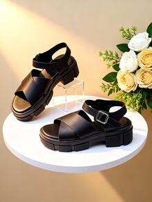 EUR 26-38 Sizes Toddler Kids Girls Black PU Leather Chunky Platform Sandals, Cross Strap Design With Adjustable Ankle Buckle, Soft Padded Insole & Non-Slip Rubber Sole, Fashionable Casual Shoes For Daily Wear, School, Playdates & Outdoor Activities - Black - View 5