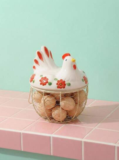 Joivida Egg Basket 1pc Chicken Egg Holder, Fresh Egg Storage Basket Countertop,Decorative Ceramic Lid With Wire Basket,Holds 2 Dozen Egg
