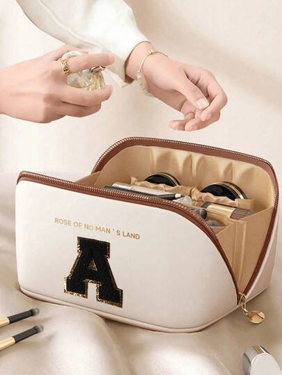 Premium Pu Travel Cosmetic Bag, With Embroidered Letters On Towels A-Z Cosmetic Storage Bag, Large Capacity Multi-Layer Cosmetic Bag, Zipper Pouch, Multifunctional Waterproof Portable Travel Organizer, Makeup Brush Set