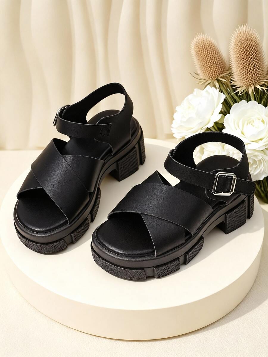 EUR 26-38 Sizes Toddler Kids Girls Black PU Leather Chunky Platform Sandals, Cross Strap Design With Adjustable Ankle Buckle, Soft Padded Insole & Non-Slip Rubber Sole, Fashionable Casual Shoes For Daily Wear, School, Playdates & Outdoor Activities - Black - View 1