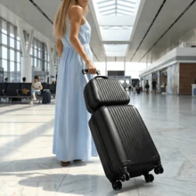 20-Inch Carry-On Suitcase Plus 14-Inch Cosmetic Bag, ABS Hard-Shell Carry-On Luggage, Silent Swivel Wheels With 360° Rotation, Patchwork Pattern, Wear-Resistant And Shock-Resistant, The Best Choice For Business Trips Or Travel. Black. - Black - View 7