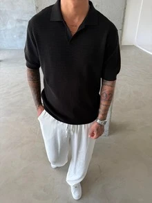 男士针织Polo衫，V领半拉链，纯色，美式休闲短袖上衣 - 黑色 - 查看 1