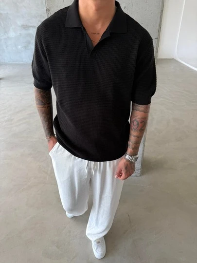 男士针织Polo衫，V领半拉链，纯色，美式休闲短袖上衣