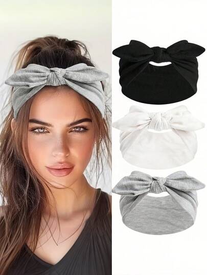3 bucăți de legături de păr extra mari din urechi de iepure cu bandă elastică - eșarfă sport pentru yoga, amestec moale, bandană absorbantă de transpirație pentru femei, pentru toate anotimpurile, în mai multe culori: negru, alb și gri, stil boem pentru