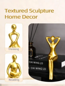 Gold Resin Abstract Sitting Sculpture - Relaxing, Reading And Meditation Pose, Modern Minimalist Design. Suitable For Placing On Living Room Bookshelf, Bedroom Vanity, And Office Desk, Adding An Elegant And Fashionable Atmosphere, A Striking Decorative Accent For The Home. - Multicolor - View 5
