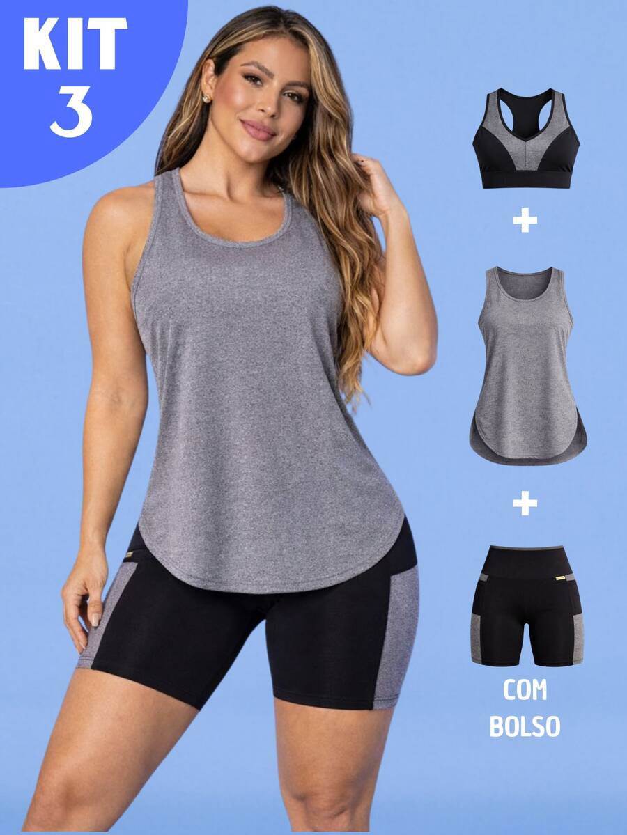 Kit Of 3: Women's Fitness Set - Top, Shorts, Pocket Tank Top, Dry Fit, Gym - Tarelles - 灰色 - 查看 1