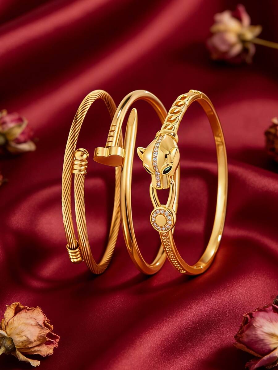 3 piezas - Juego de pulsera de bronce chapado en oro + pulsera de acero inoxidable, con un diseño texturizado brillante, versátil para uso diario, favorecedor para todos los tonos de piel, y un hermoso regalo para el Día de San Valentín. - Oro 2 - Ver 1