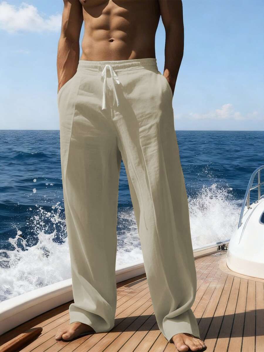 男士白色亚麻阔腿裤 - 透气抽绳腰带休闲宽松长裤，四季皆宜 - 米色 - 查看 1