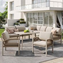 L-Shaped Garden Sofa For 8 People / Iron Frame With Beige Cushions / Includes A Table With A Wooden Glass Top And Two Hand-Woven Armchairs / Weather-Resistant - Beige - View 2
