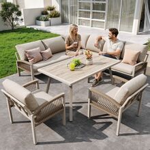 L-Shaped Garden Sofa For 8 People / Iron Frame With Beige Cushions / Includes A Table With A Wooden Glass Top And Two Hand-Woven Armchairs / Weather-Resistant - Beige - View 3