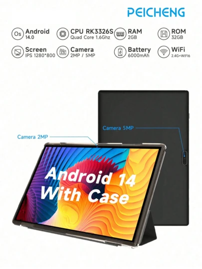 PEICHENG Pincity ZB10 Tableta Android 14 de 10.1 pulgadas (con funda protectora), procesador RK3326S Quad-Core de 1.6GHz/2GB RAM 32GB de almacenamiento/WiFi 2.4G + WiFi 6/Bluetooth 5.2/pantalla táctil FHD IPS/cámaras duales de 2MP + 5MP/puerto Tipo-C/sensor de gravedad/batería de 6000mAh/compatible con tarjeta SD de hasta 1TB (adaptador no incluido)