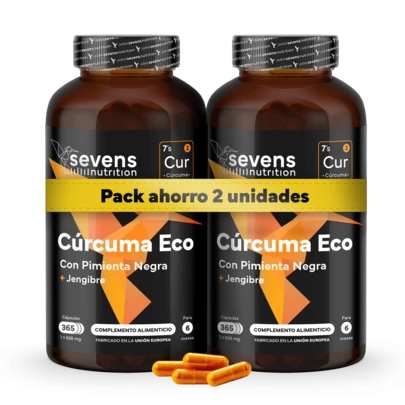  Pack 2x Cúrcuma ECO con Jengibre y Pimienta Negra – 1410 mg por dosis – 730 Cápsulas Veganas – Formato Ahorro XL – Sevens Nutrition