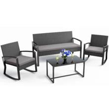 Sala Exterior de Ratán 4 Piezas con Sillas Mecedoras - Set de Muebles para Jardín con Cojines Impermeables y Mesa de Vidrio (Negro) - Negro - Ver 10