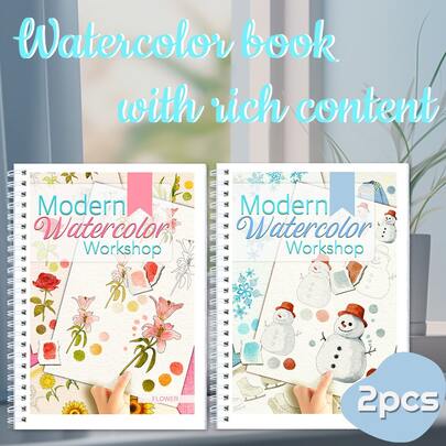 2Pcs Watercolor Coloring Book: Flower & Winter Themes, Portable 8.26*5.51 Inch Size, Spiral Binding, Premium Thick Paper, Beginner-Friendly With Step-By-Step Tutorials & Color Mixing Guide, Ideal For Relaxation & Creativity, Perfect Holiday Gift