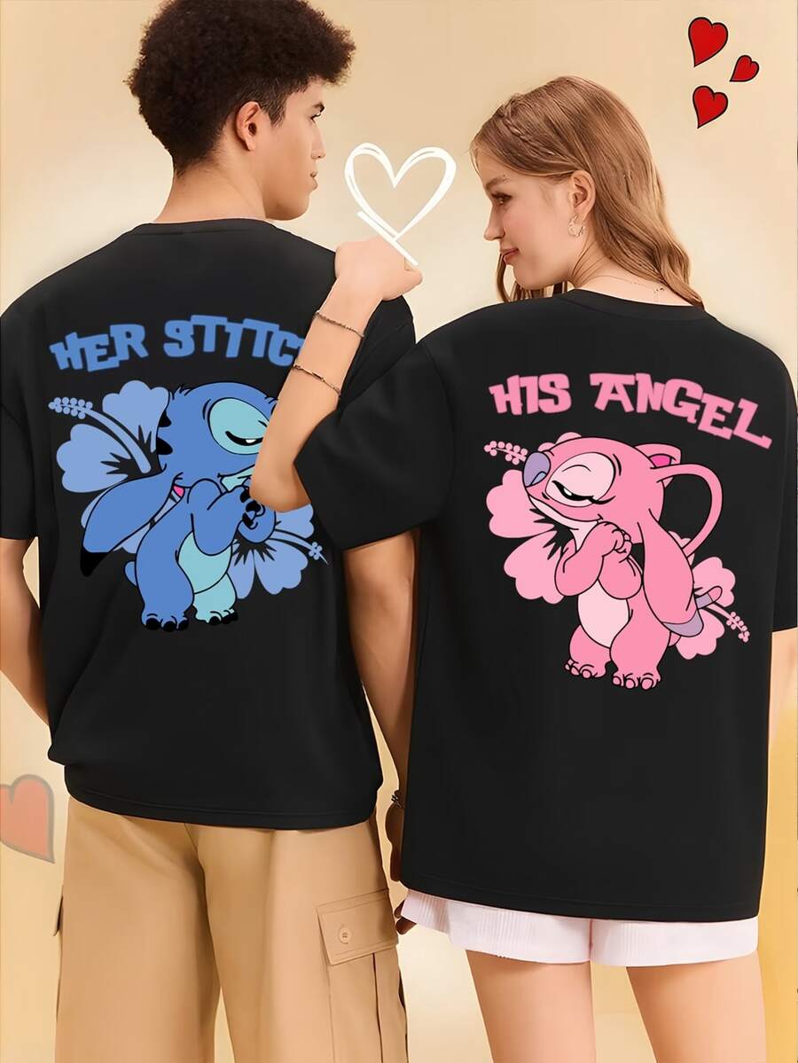A Disney Fashion-Style Matching Couple's T-Shirt, Featuring Designs From *Lilo & Stitch* And *Angel*, With A Unique And Niche Cartoon Print Design. This Casual Summer T-Shirt Is Suitable For Both Men And Women, Features A Round Neck, Slightly Stretchy Fabric, And Heat-Press Printing Details – A Perfect Valentine's Day Gift. - 女士-黑色 - 查看 1