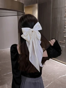 2件套女士及女孩大号缎带蝴蝶结发夹，超大号丝带发夹，法式丝滑大蝴蝶结发卡，优雅发饰，适合婚礼、派对及日常佩戴（黑色蝴蝶结和白色蝴蝶结），头饰，发夹 - 彩色 - 查看 4