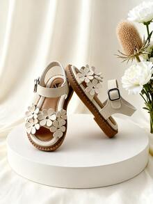 EUR 23-34 Sizes Toddler Kids Girls Beige PU Leather Open-Toe Sandals, 3D Daisy Flower Detail Adjustable Ankle Buckle Strap With Soft Padded Insole & Non-Slip Rubber Sole, Casual Summer Shoes For Beach Vacation, Daily Play, Birthday Party & Family Outings - 米色 - 查看 3