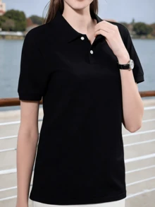 Plus Size Women Classic Polo Shirt, Solid Color Short Sleeve Fitted Casual Basic T-Shirt Sports - Black - View 3