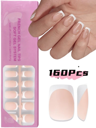 160pcs Short Square French Manicure Nail Stickers, Skin-Tone French Soft Gel Nail Stickers, Fake Nails Set, Suitable For DIY Manicure, Minimalist Versatile, 16 Sizes, For Women