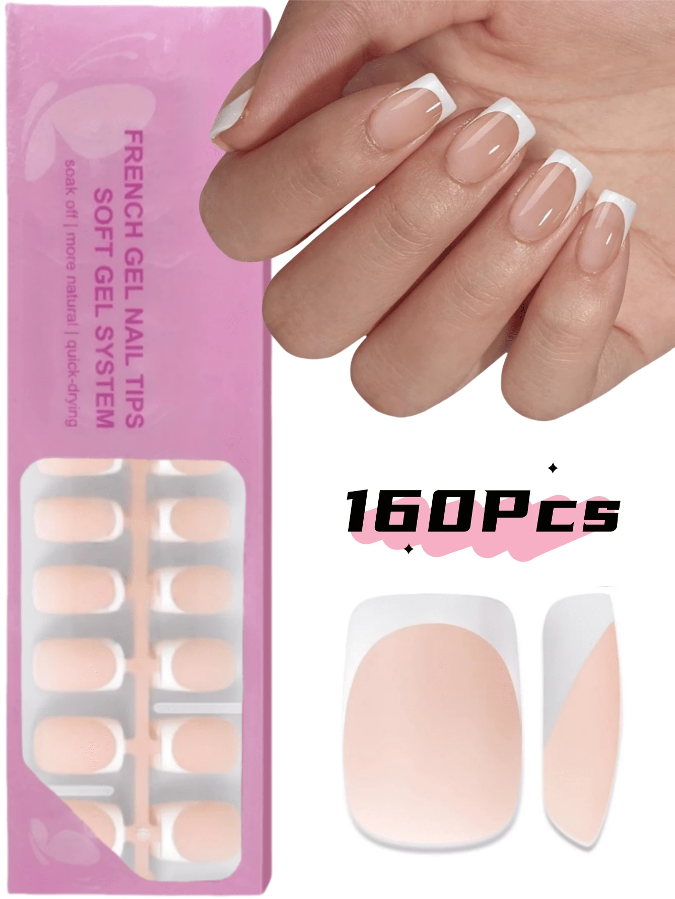 160 piezas de puntas de uñas francesas rectangulares, puntas de uñas de gel suave francés color nude, juego de uñas postizas, adecuado para arte de uñas DIY, estilo simple multiusos, 16 tamaños para mujeres